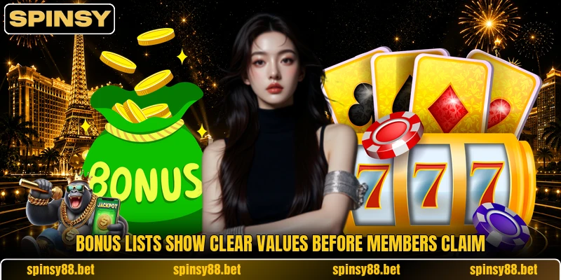Bonus lists show clear values before members claim Bonus lists show clear values before members claim