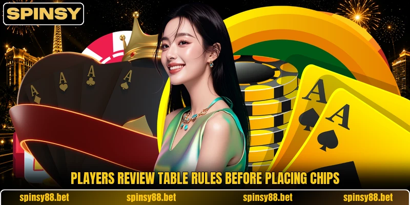 Players review table rules before placing chips Players review table rules before placing chips